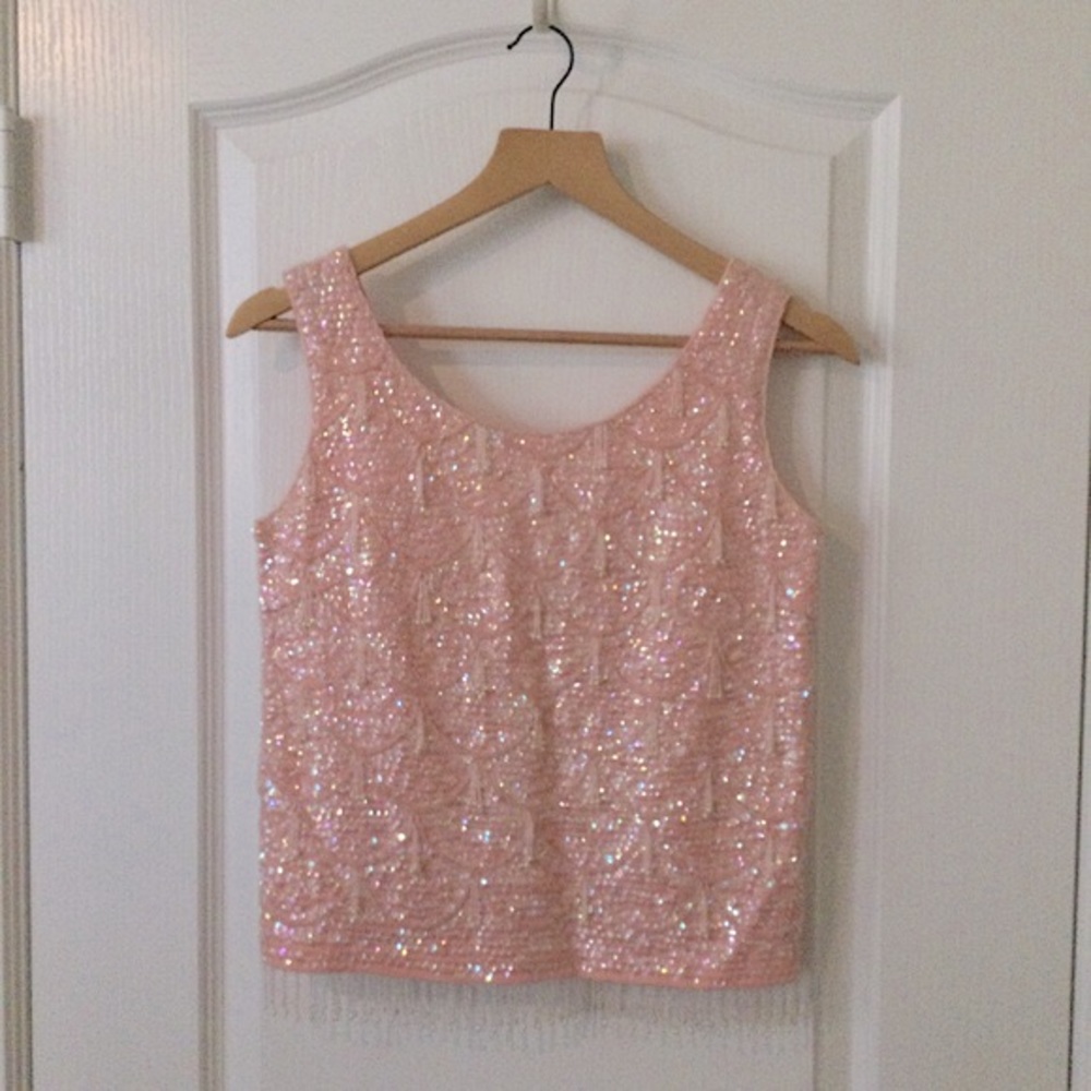 Vintage 1960s Hand Beaded Sequin Top Pink Sz S
